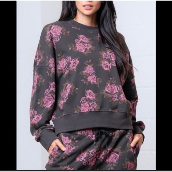 Taelynn Crew Neck Flower Printed Sweat Shirt Women's Large Pullover Lounge Wear - Picture 1 of 10